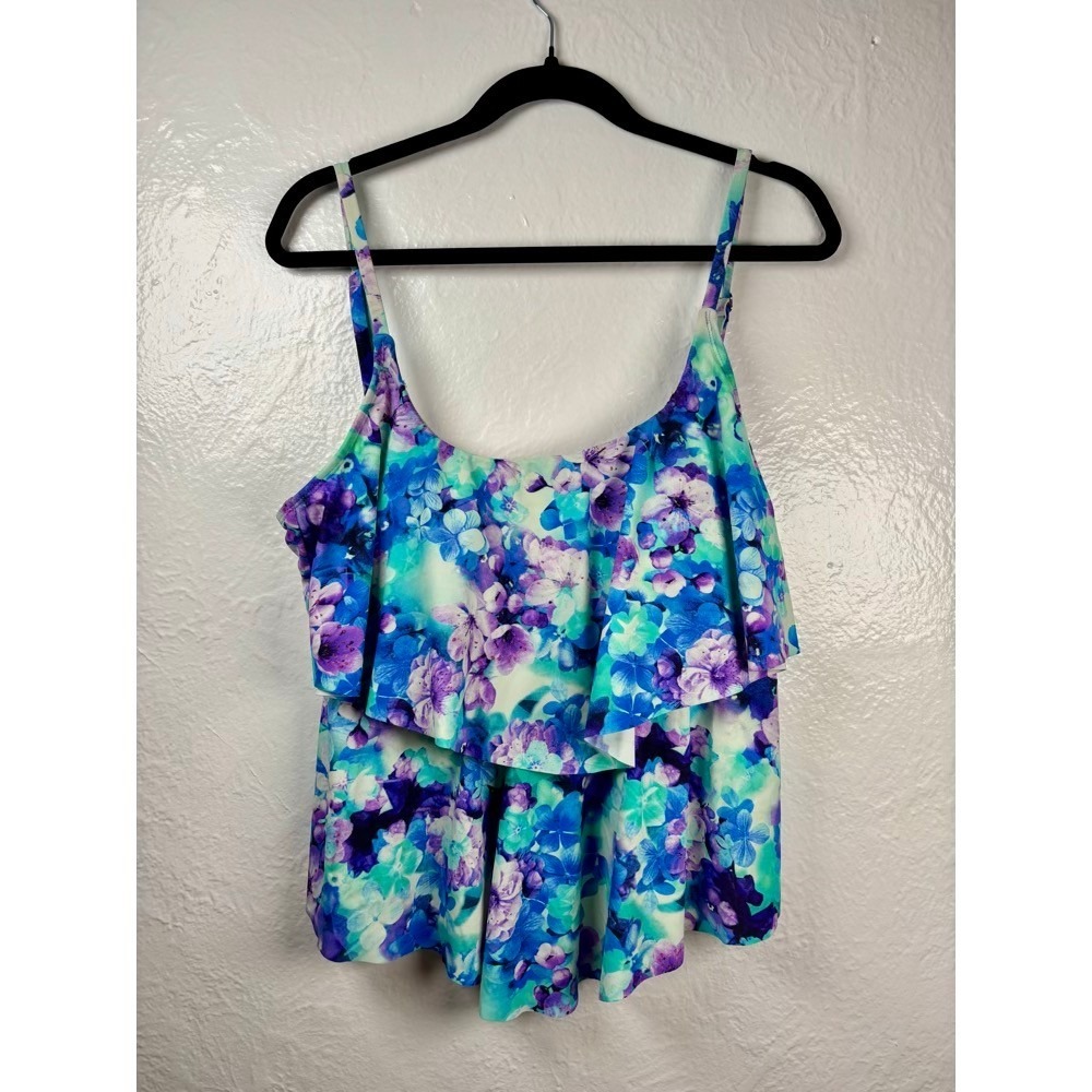 Azul Floral Tiered Ruffle Tankini Top‎ Womens 18 Blue Purple Vacation Cruise